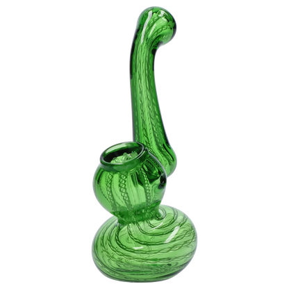 Angled close-up of a translucent green Smoke Cartel Mini Bubbler with Colored Tube showing its swirled glass body, curved neck, and rounded bowl.