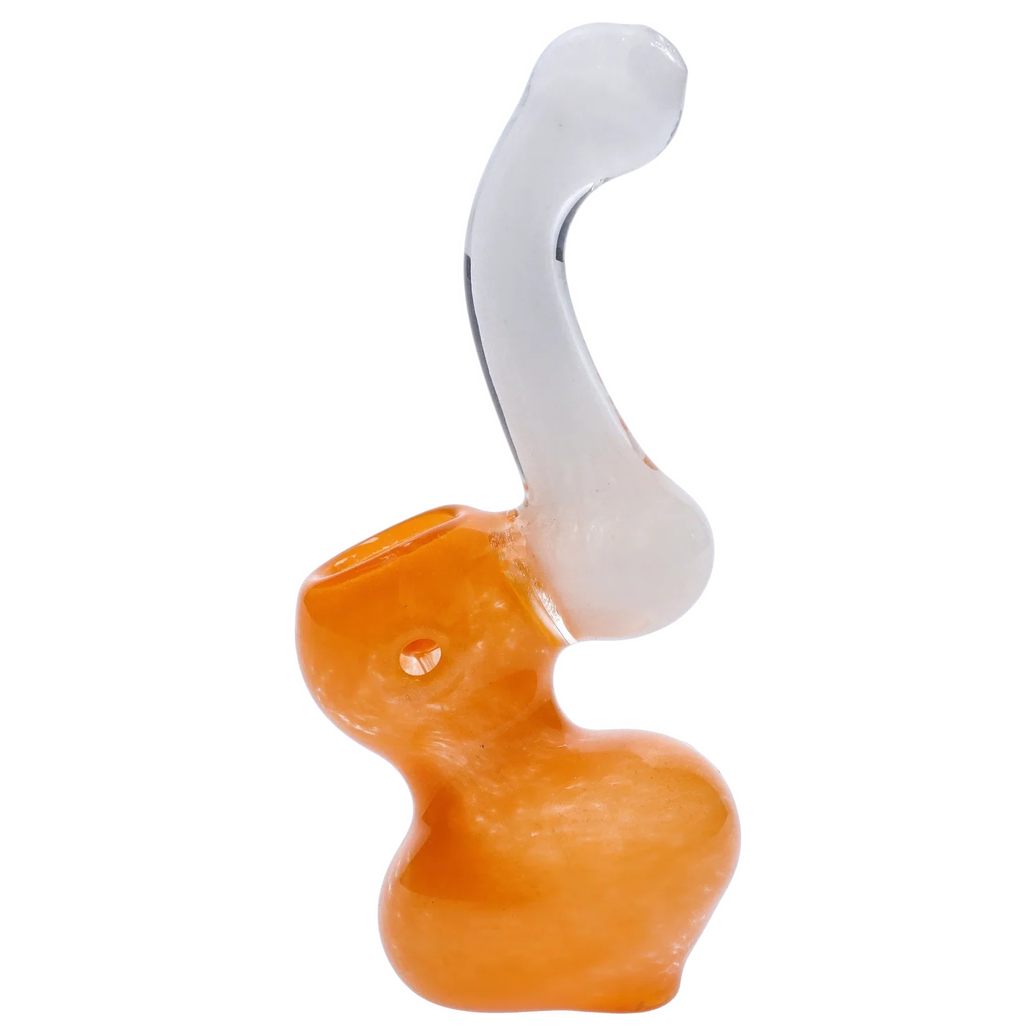 Side view of the Smoke Cartel Mini Bubbler with Colored Tube showing an orange bulbous base and curved clear tube against a white background