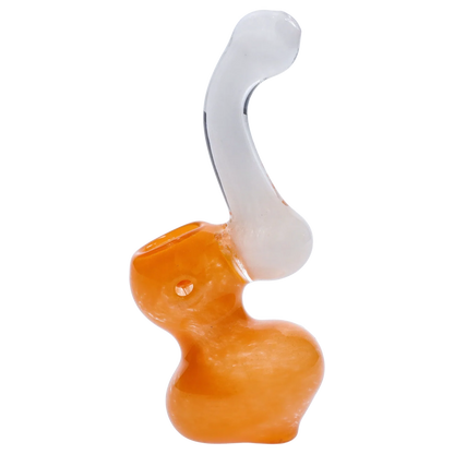 Side view of the Smoke Cartel Mini Bubbler with Colored Tube showing an orange bulbous base and curved clear tube against a white background
