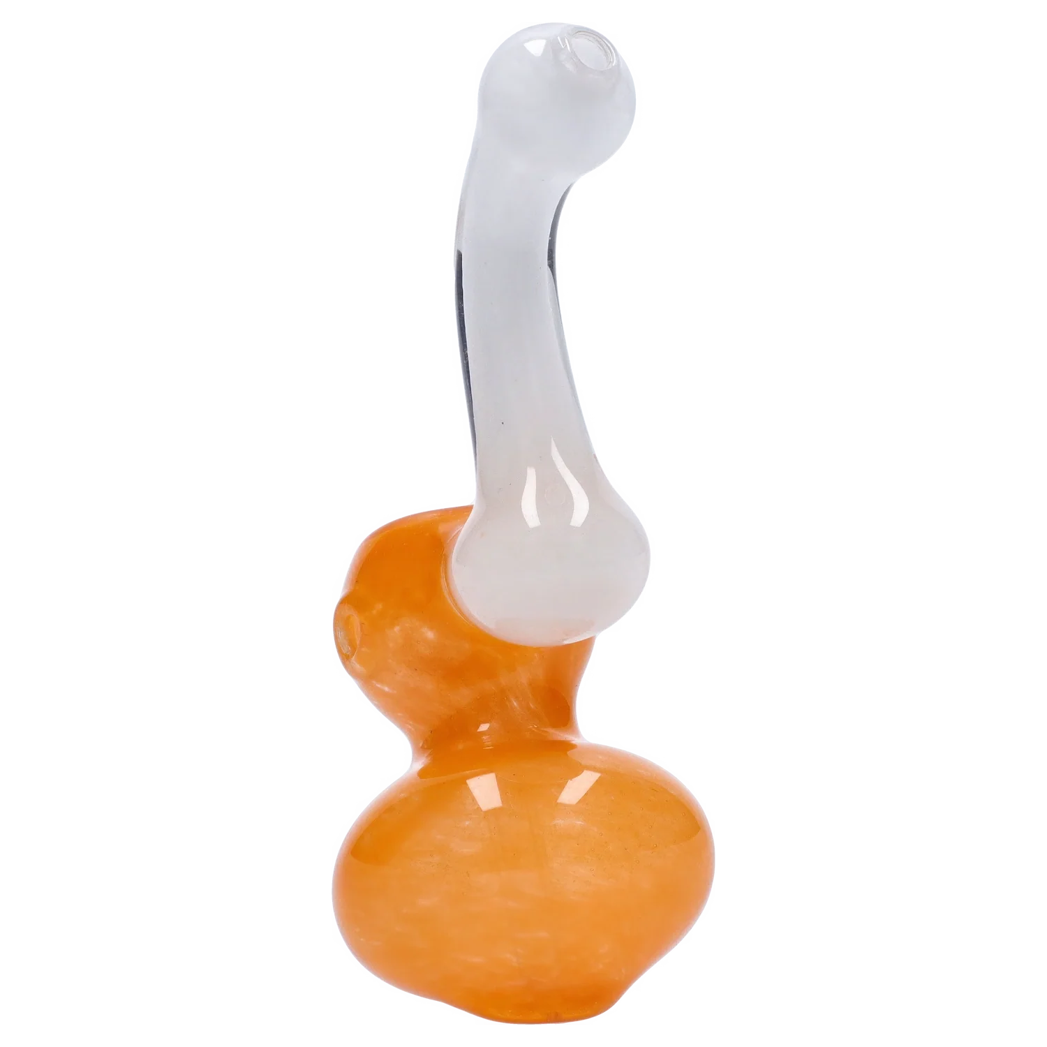 Close-up side view of the Smoke Cartel Mini Bubbler with Colored Tube showing a glossy orange bubbler body and a curved white glass tube against a white background
