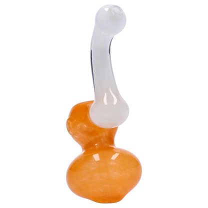 Close-up side view of the Smoke Cartel Mini Bubbler with Colored Tube showing a glossy orange bubbler body and a curved white glass tube against a white background