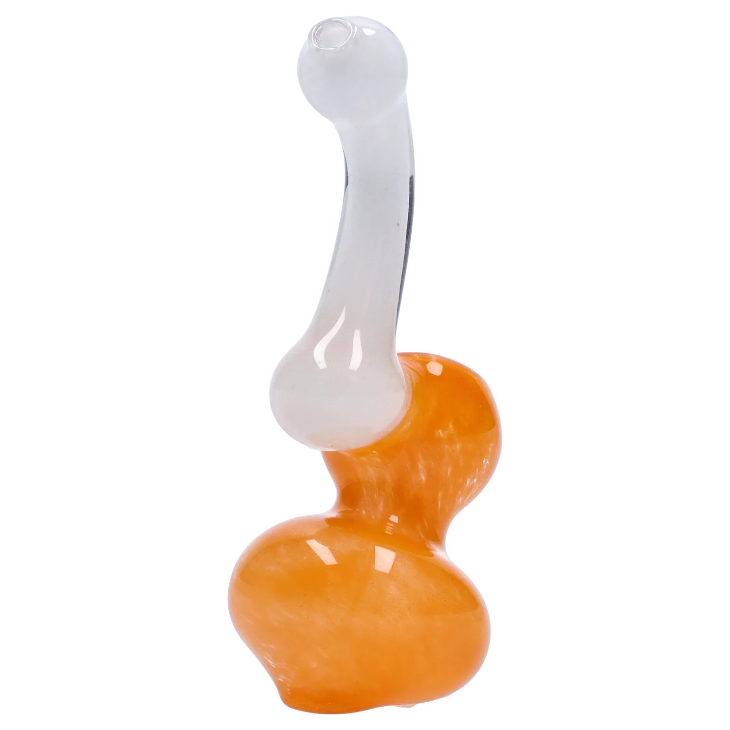 Close-up side view of the Smoke Cartel Mini Bubbler with Colored Tube showing a white glass neck rising from a glossy orange, double-bulb body against a plain white background