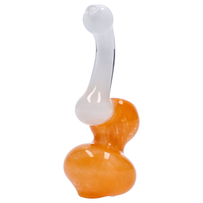 Close-up side view of the Smoke Cartel Mini Bubbler with Colored Tube showing a white glass neck rising from a glossy orange, double-bulb body against a plain white background