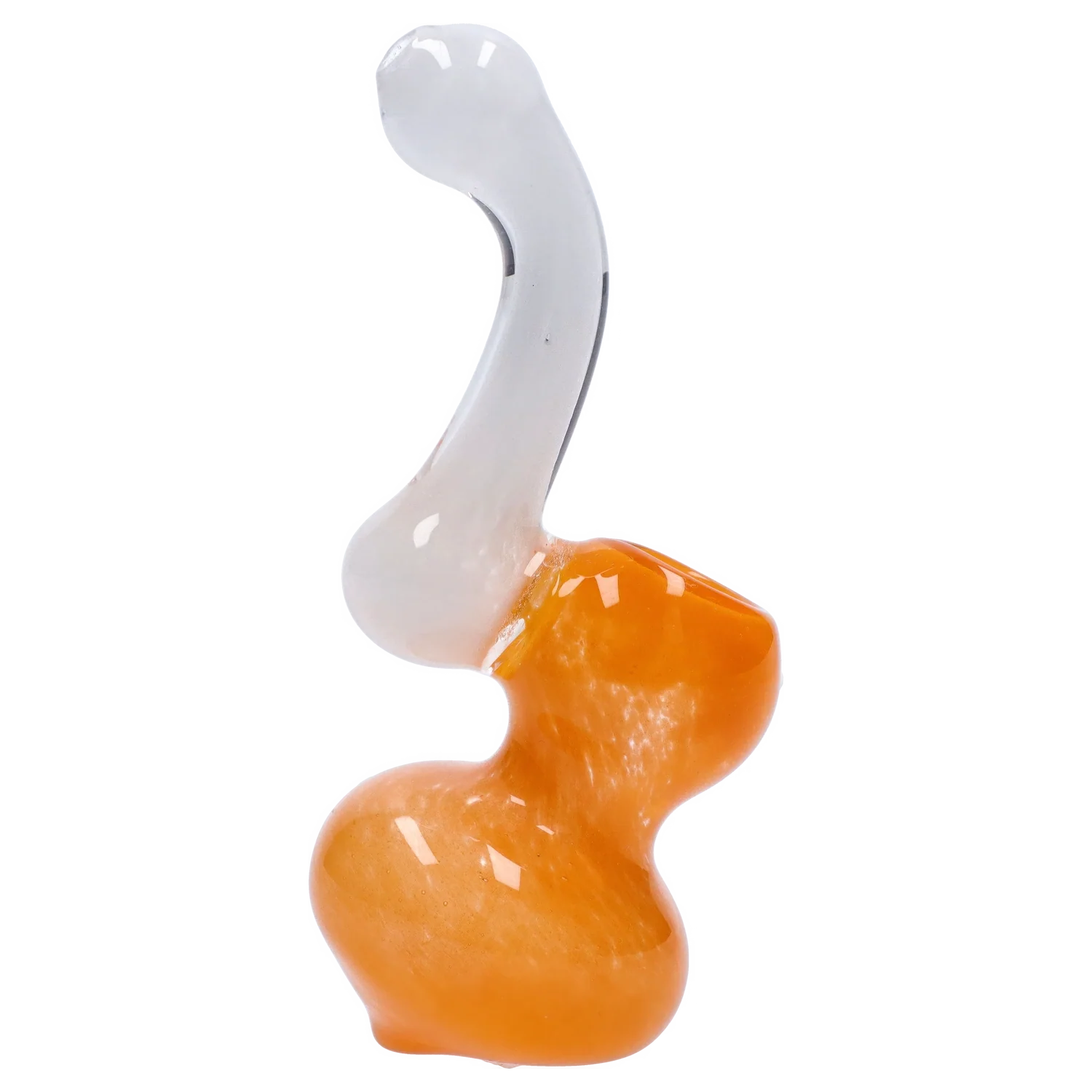 Close-up side view of the Smoke Cartel Mini Bubbler with Colored Tube showing an orange curvy body and a translucent white bent tube against a white background