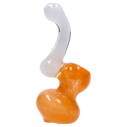 Close-up side view of the Smoke Cartel Mini Bubbler with Colored Tube showing an orange curvy body and a translucent white bent tube against a white background