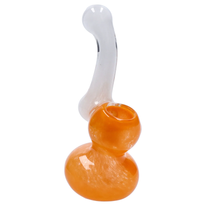 Angled close-up of the Smoke Cartel Mini Bubbler with Colored Tube showing its glossy orange double-chamber base and clear curved neck against a white background