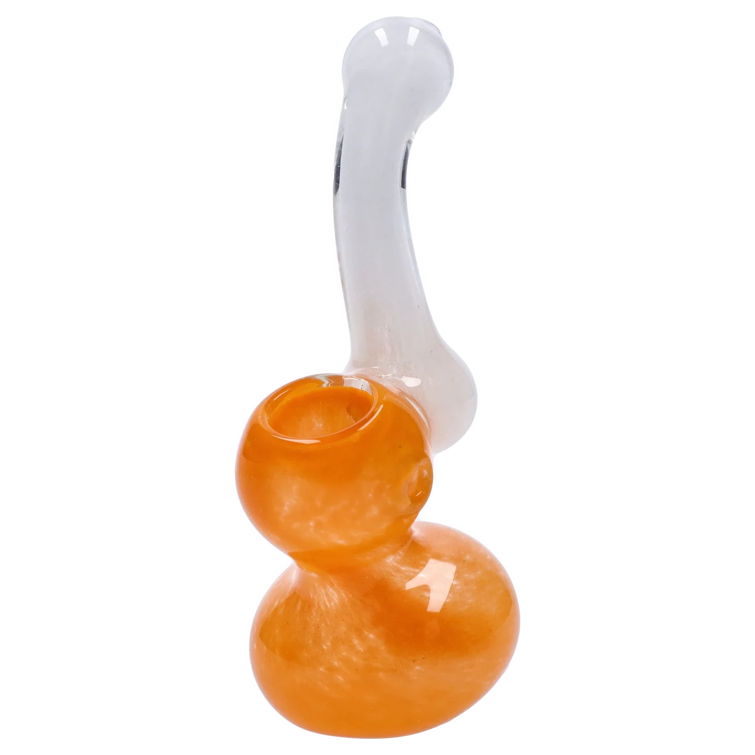 Close-up, angled view of the Smoke Cartel Mini Bubbler with Colored Tube showing its clear curved neck and glossy orange double-bulb base.