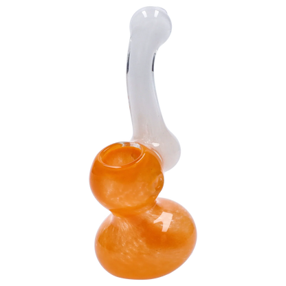 Close-up, angled view of the Smoke Cartel Mini Bubbler with Colored Tube showing its clear curved neck and glossy orange double-bulb base.