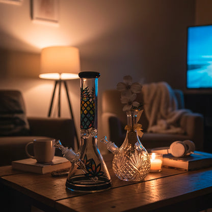 Close-up of the My Bud Vase "Stardust" Bong on a wooden coffee table lit by a nearby lamp and candle, with a cozy sofa and TV blurred in the background