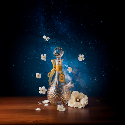Center-front view of the My Bud Vase "Stardust" Bong on a wooden surface against a starry blue galaxy backdrop.