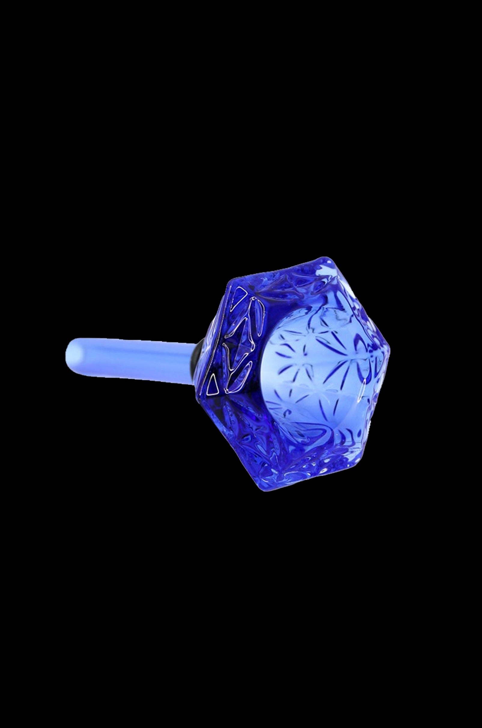 Blue glass water pipe with intricate geometric etching.