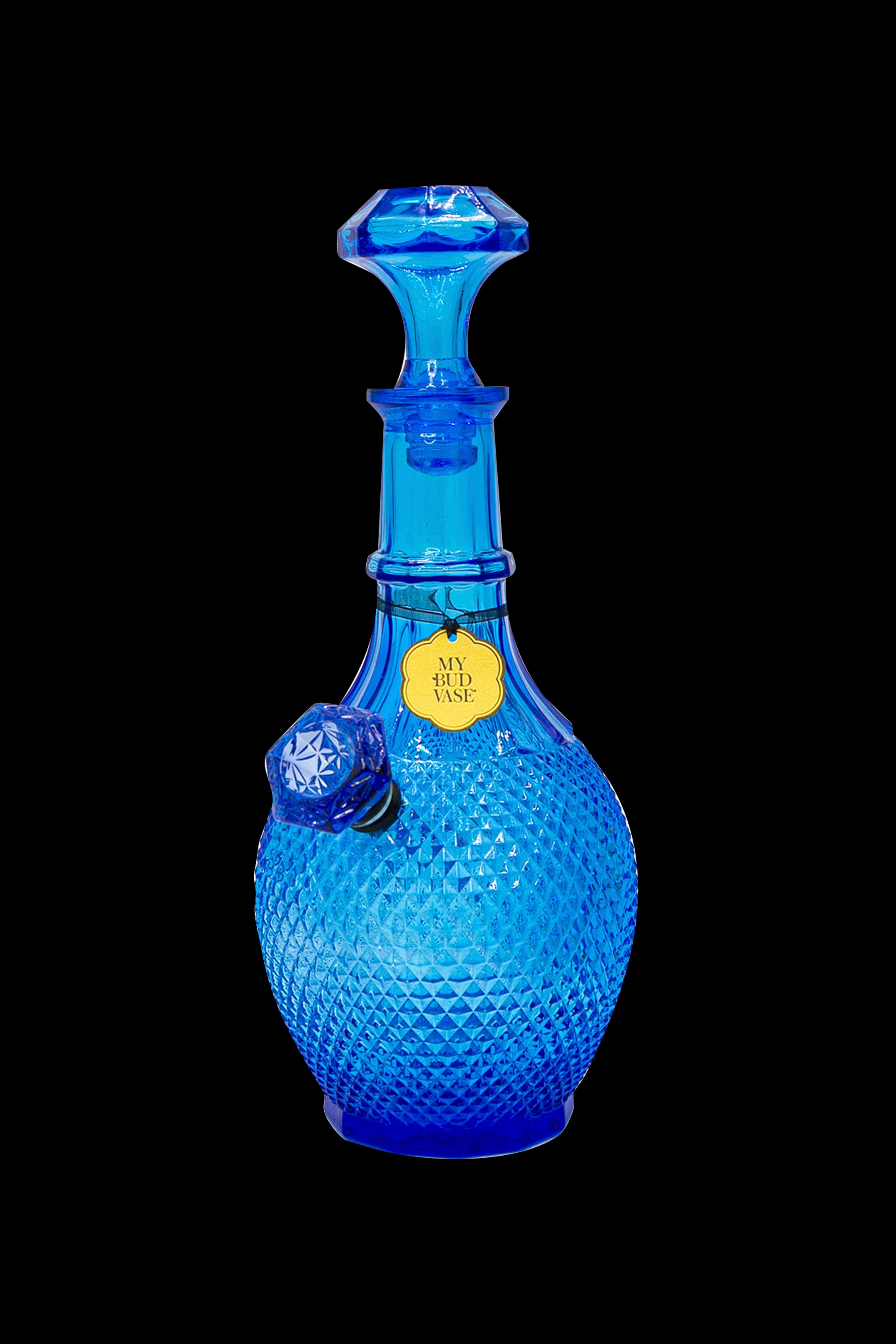 Blue glass cannabis water pipe with diamond-patterned bulb and ornate details.