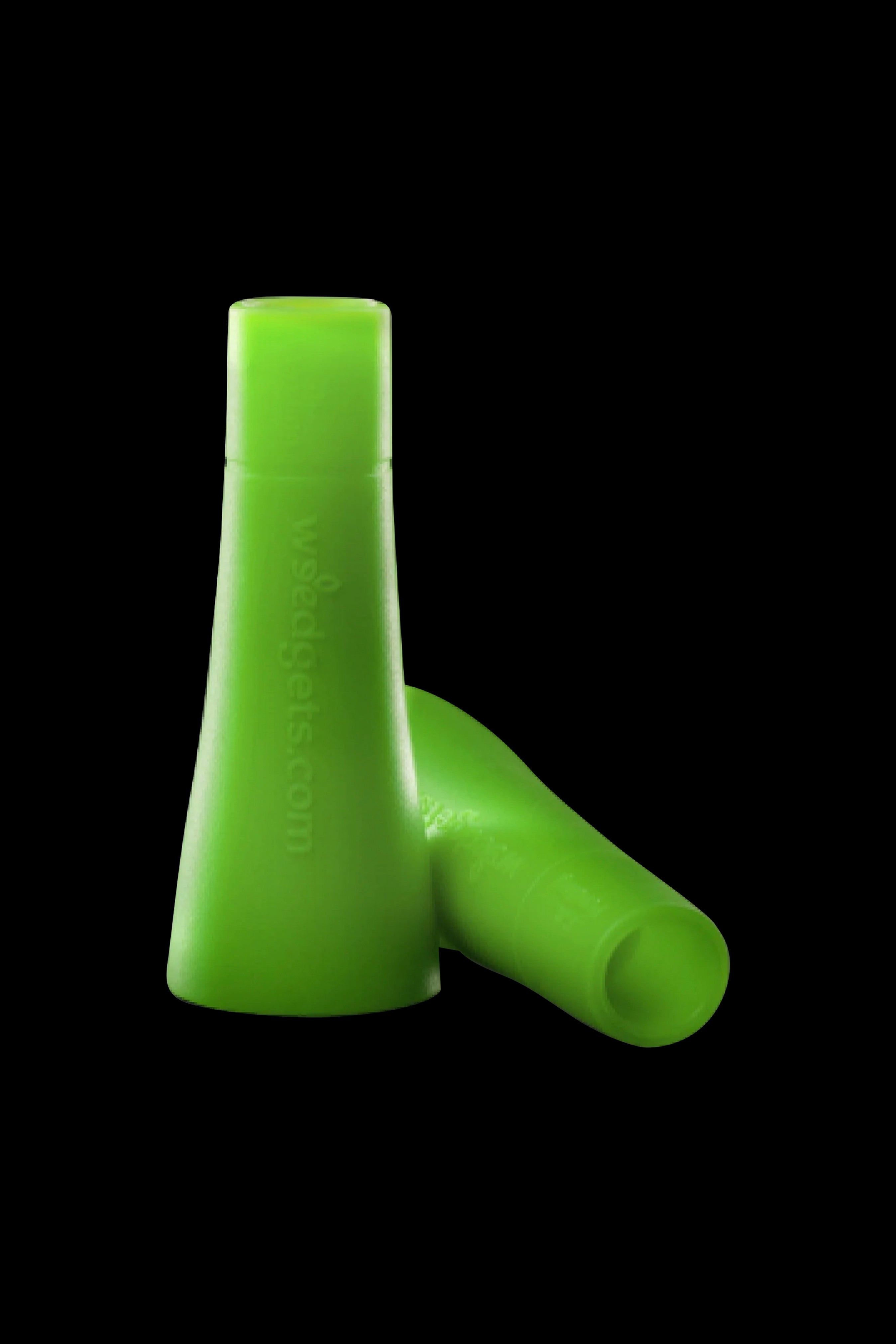 Bright green silicone dab tool with two curved tips against a black background.