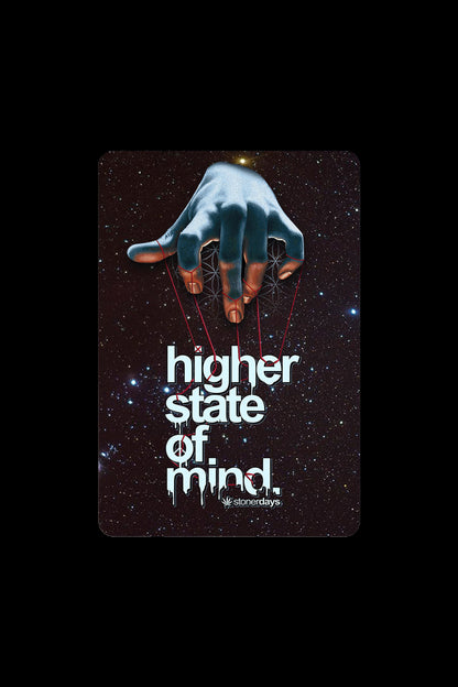 A dark, cosmic design featuring a teal hand controlling glowing red strings above the text "higher state of mind" and the logo "stonerdays."