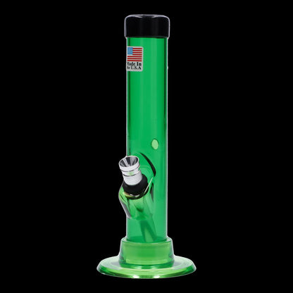 A front view of the 6-inch JM Plastics Mini Matching Straight Tube with Carb Hole Acrylic Water Pipe, showing a green, cylindrical form.