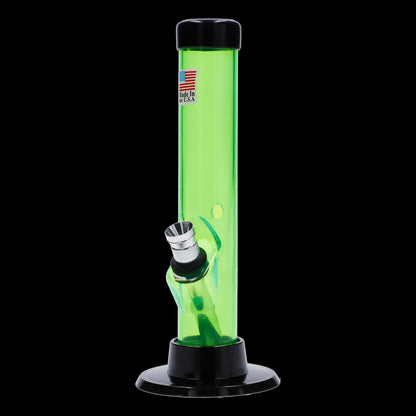 A front view of the 6-inch JM Plastics Mini Matching Straight Tube with Carb Hole Acrylic Water Pipe, illuminated against a black background.
