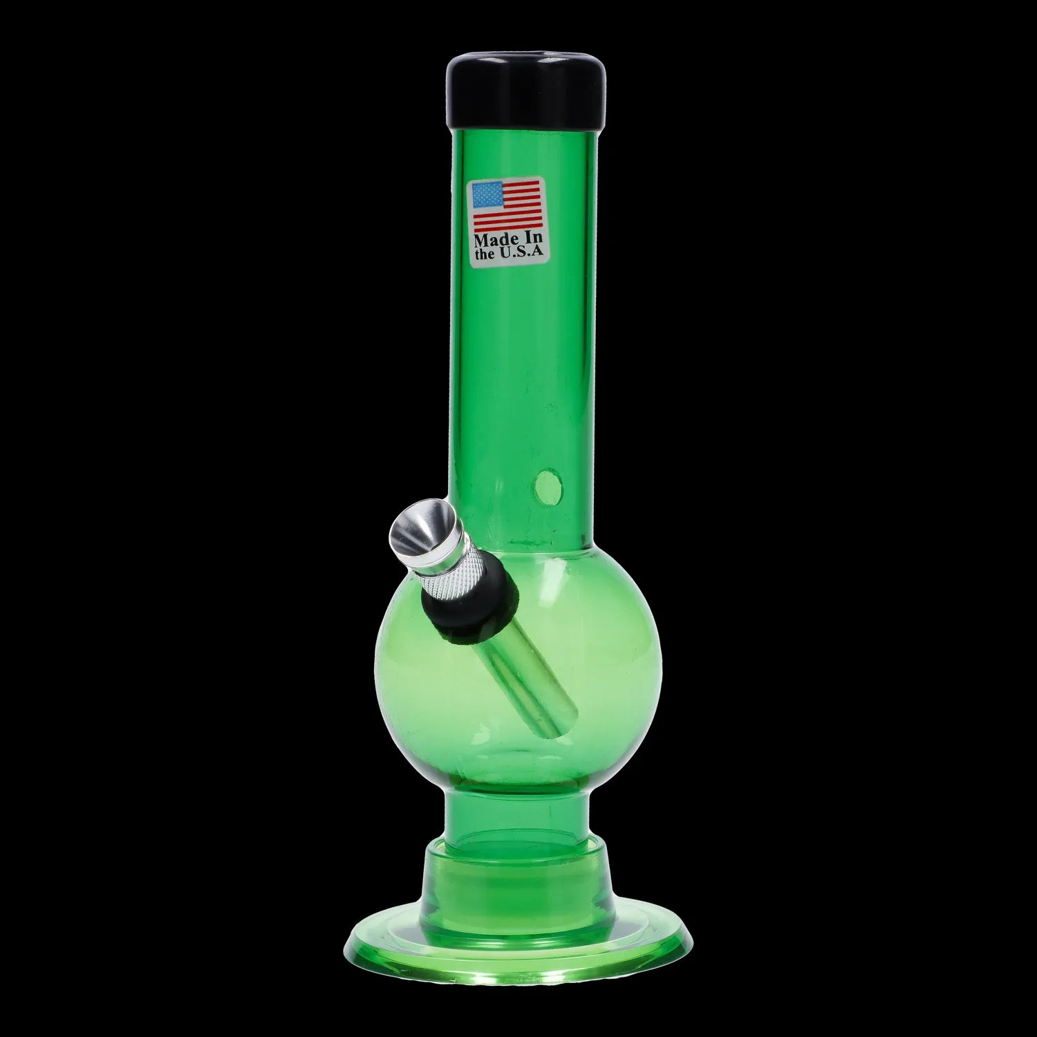 A front view of the 6-inch JM Plastics Mini Bubble Base with Carb Hole Acrylic Water Pipe, showcasing its clear, rounded base.