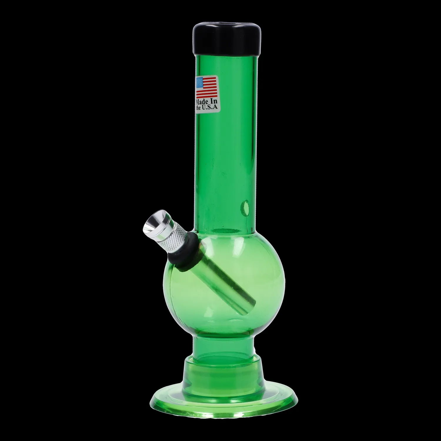 A front view of the 6-inch JM Plastics Mini Bubble Base with Carb Hole acrylic water pipe, showing its clear green construction.