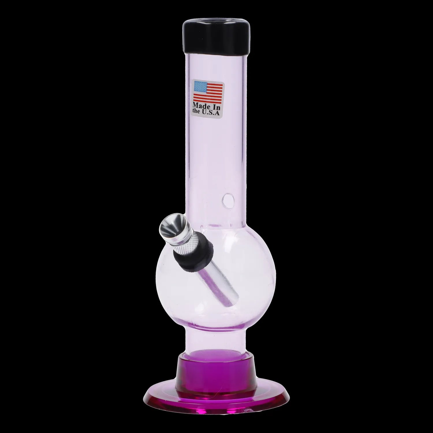 Front view of the 6-inch JM Plastics Mini Bubble Base with Carb Hole Acrylic Water Pipe, showing its clear purple base and simple design.