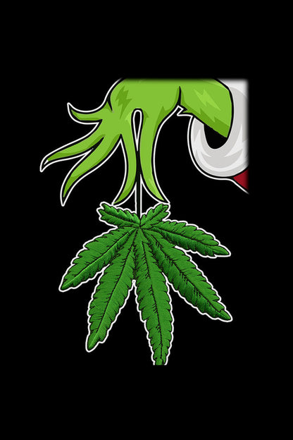 Green cartoon cannabis leaf growing from a glass pipe with white and red accents, isolated on a black background.