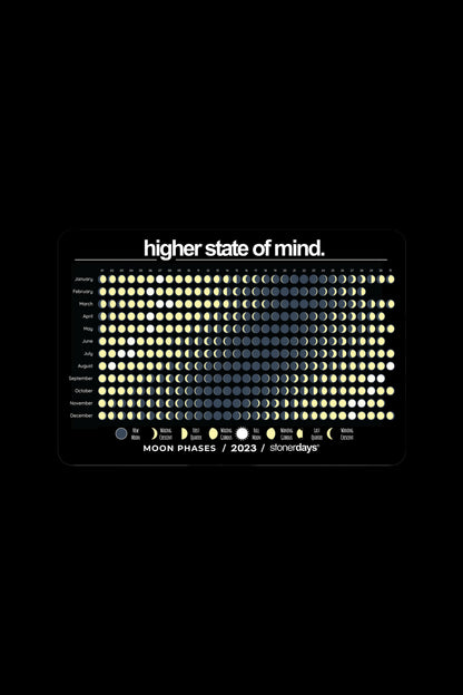 A calendar displaying the phases of the moon for 2023, visually represented with circular dots, alongside the tagline "higher state of mind" and branding for "stonerdays".
