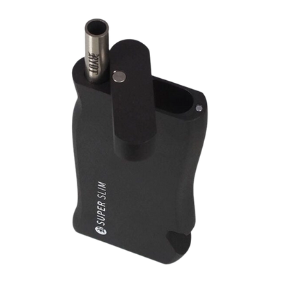 Angled top-down view of the black RYOT Super Slim Magnetic Dugout With One Hitter showing the open magnetic lid, exposed metal one-hitter, and subtle logo text.