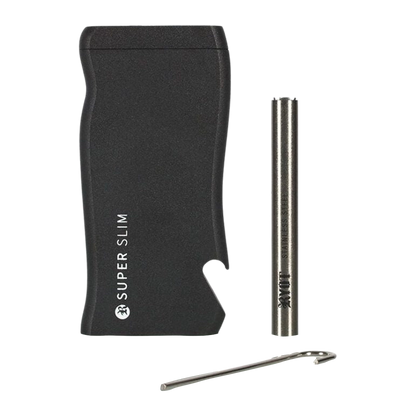 Angled front view of the green RYOT Super Slim Magnetic Dugout With One Hitter showing the slim matte case, exposed stainless one-hitter, and a small metal poker.