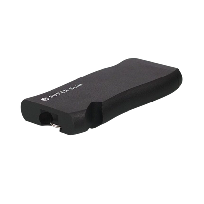 Angled close-up of the purple RYOT Super Slim Magnetic Dugout With One Hitter showing its slim rectangular case, recessed magnetic cavity, and metal keyring loop.
