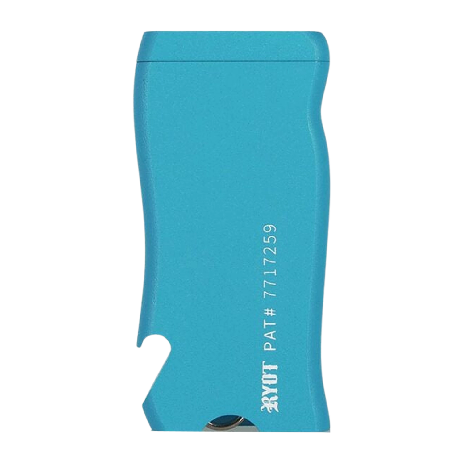 Close-up side view of the silver RYOT Super Slim Magnetic Dugout With One Hitter showing its curved turquoise-blue metal body, stamped logo and patent number.