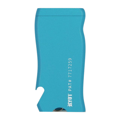 Close-up side view of the silver RYOT Super Slim Magnetic Dugout With One Hitter showing its curved turquoise-blue metal body, stamped logo and patent number.