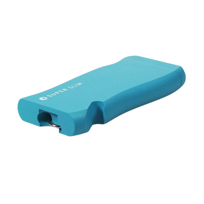 Angled close-up of the white RYOT Super Slim Magnetic Dugout With One Hitter showing its slim rectangular form, textured surface, and metal one-hitter partly recessed in the front cavity