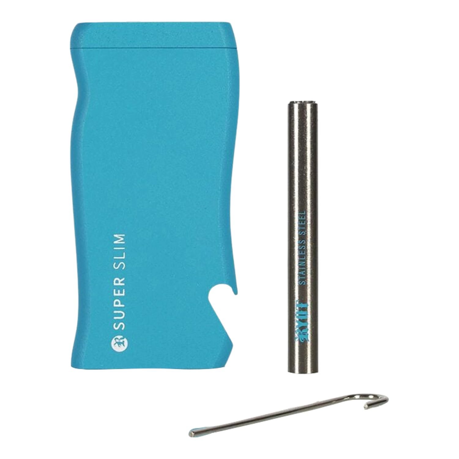 Close-up, front-facing view of the turquoise RYOT Super Slim Magnetic Dugout With One Hitter and its stainless steel one-hitter on a white background.