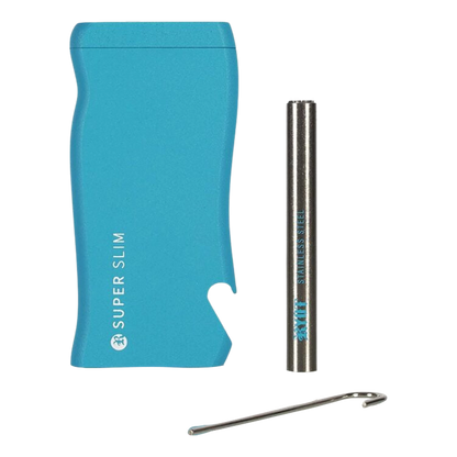 Close-up, front-facing view of the turquoise RYOT Super Slim Magnetic Dugout With One Hitter and its stainless steel one-hitter on a white background.