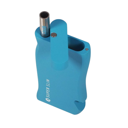 Angled top-down view of a bright blue RYOT Super Slim Magnetic Dugout With One Hitter showing the open magnetic lid and metal one-hitter tube.