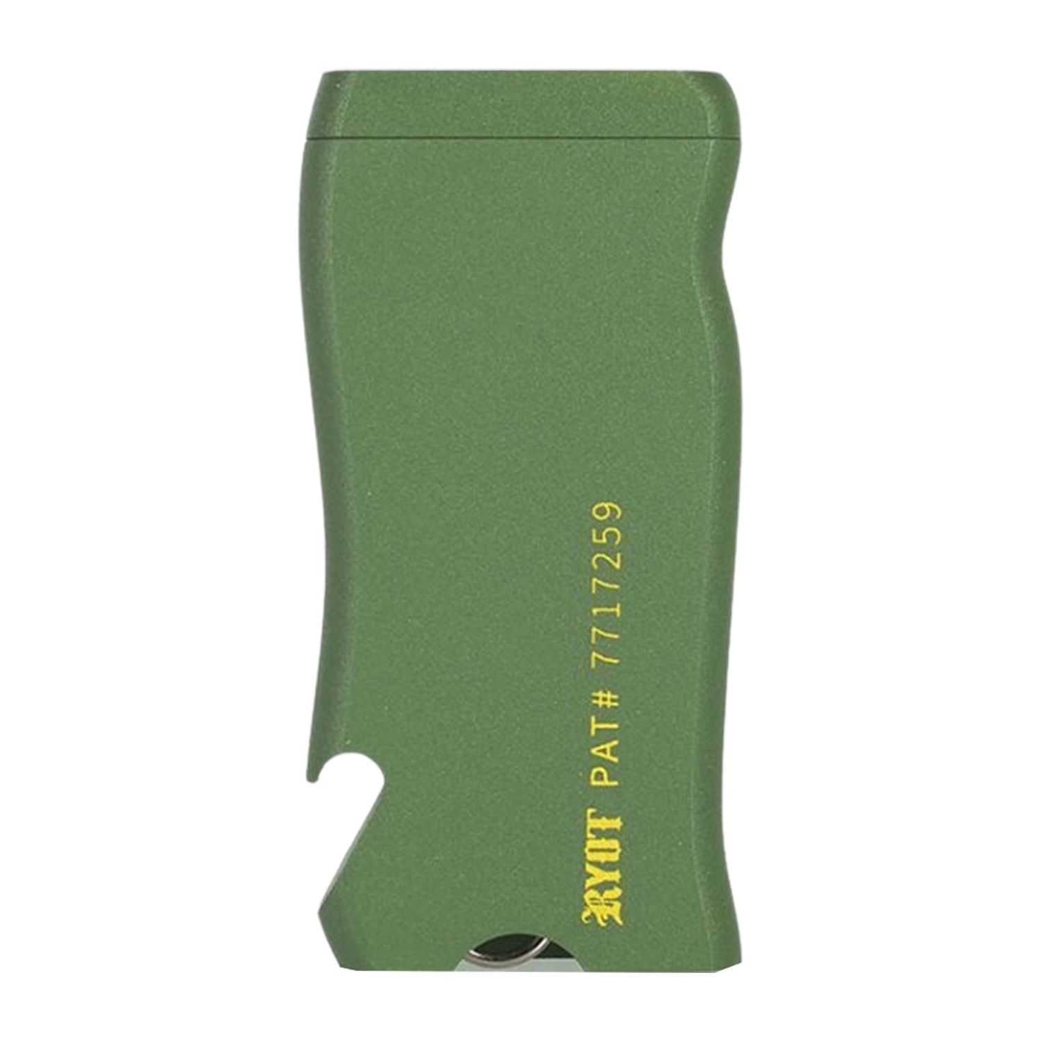 Close-up front view of the green RYOT Super Slim Magnetic Dugout With One Hitter showing its curved slim profile and gold logo.