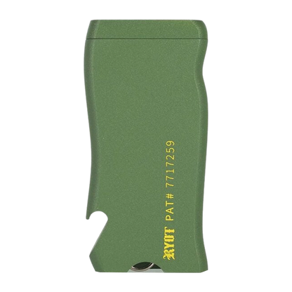 Close-up front view of the green RYOT Super Slim Magnetic Dugout With One Hitter showing its curved slim profile and gold logo.