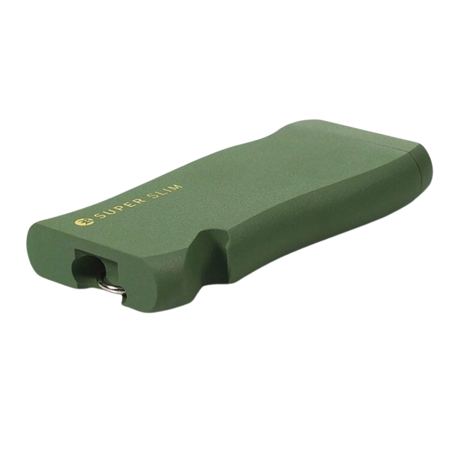 Angled close-up of the green RYOT Super Slim Magnetic Dugout With One Hitter showing its matte finish, gold "SUPER SLIM" logo, and rounded rectangular shape.