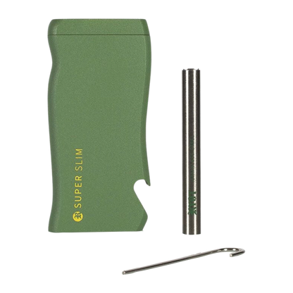 Side view of the green RYOT Super Slim Magnetic Dugout With One Hitter and its stainless steel one-hitter standing upright beside it.