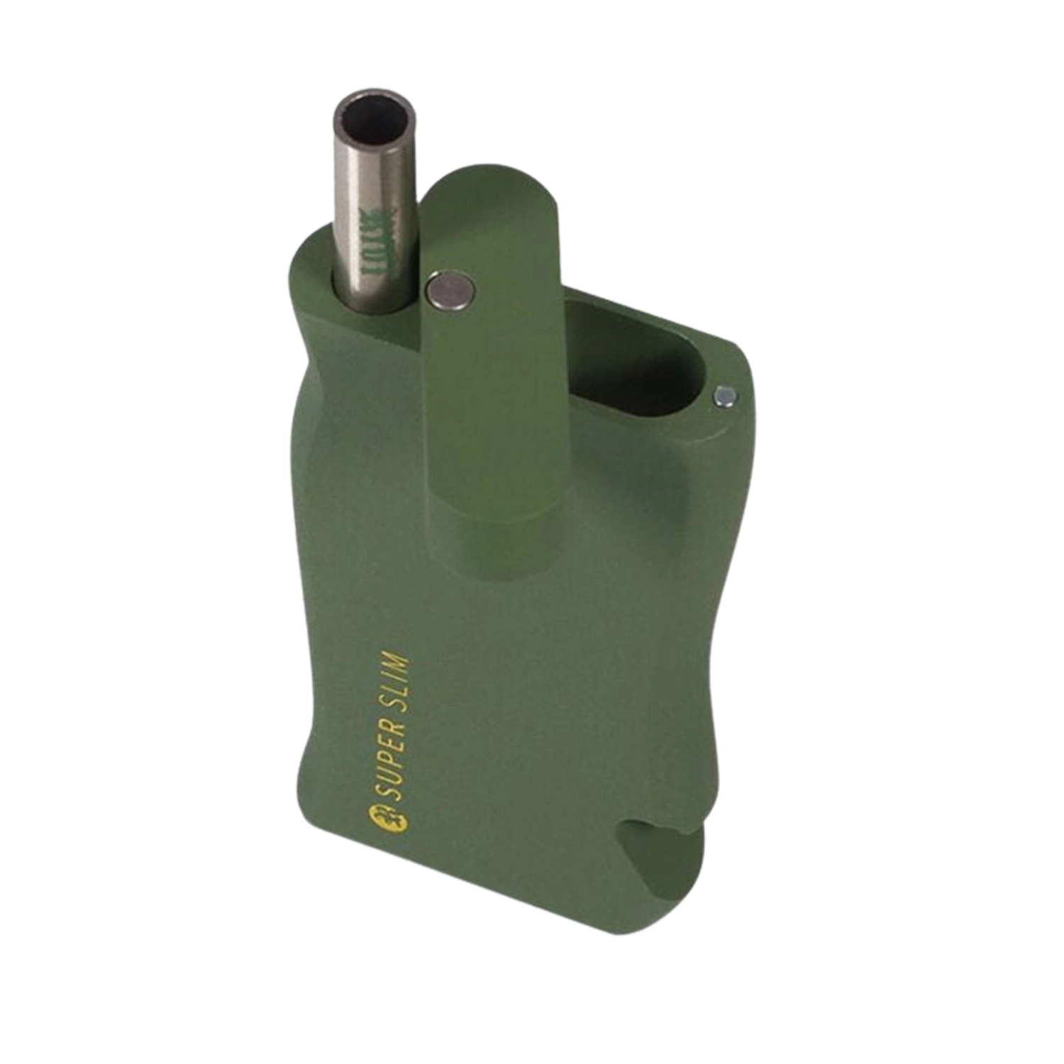 Top-down view of the olive green RYOT Super Slim Magnetic Dugout With One Hitter showing the raised swivel lid, metal one-hitter tube, and internal storage cavity.