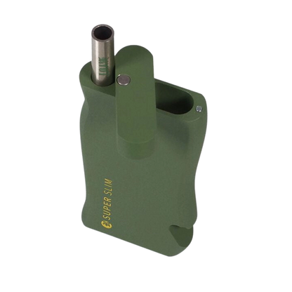 Top-down view of the olive green RYOT Super Slim Magnetic Dugout With One Hitter showing the raised swivel lid, metal one-hitter tube, and internal storage cavity.