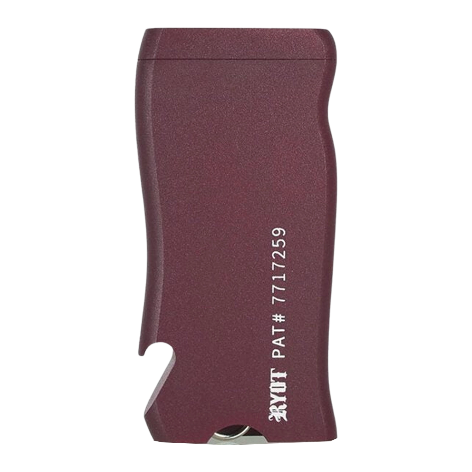 Close-up front view of the burgundy RYOT Super Slim Magnetic Dugout With One Hitter showing its curved slim profile and white printed patent text.