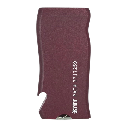Close-up front view of the burgundy RYOT Super Slim Magnetic Dugout With One Hitter showing its curved slim profile and white printed patent text.