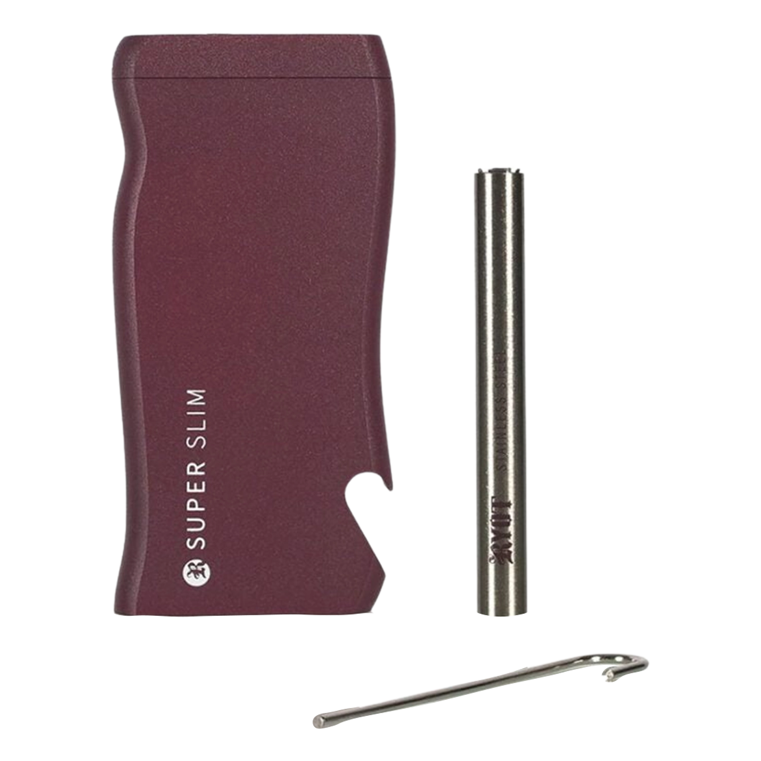 Close-up front view of a burgundy RYOT Super Slim Magnetic Dugout With One Hitter and its stainless steel one-hitter on a white background