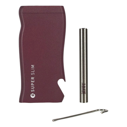 Close-up front view of a burgundy RYOT Super Slim Magnetic Dugout With One Hitter and its stainless steel one-hitter on a white background