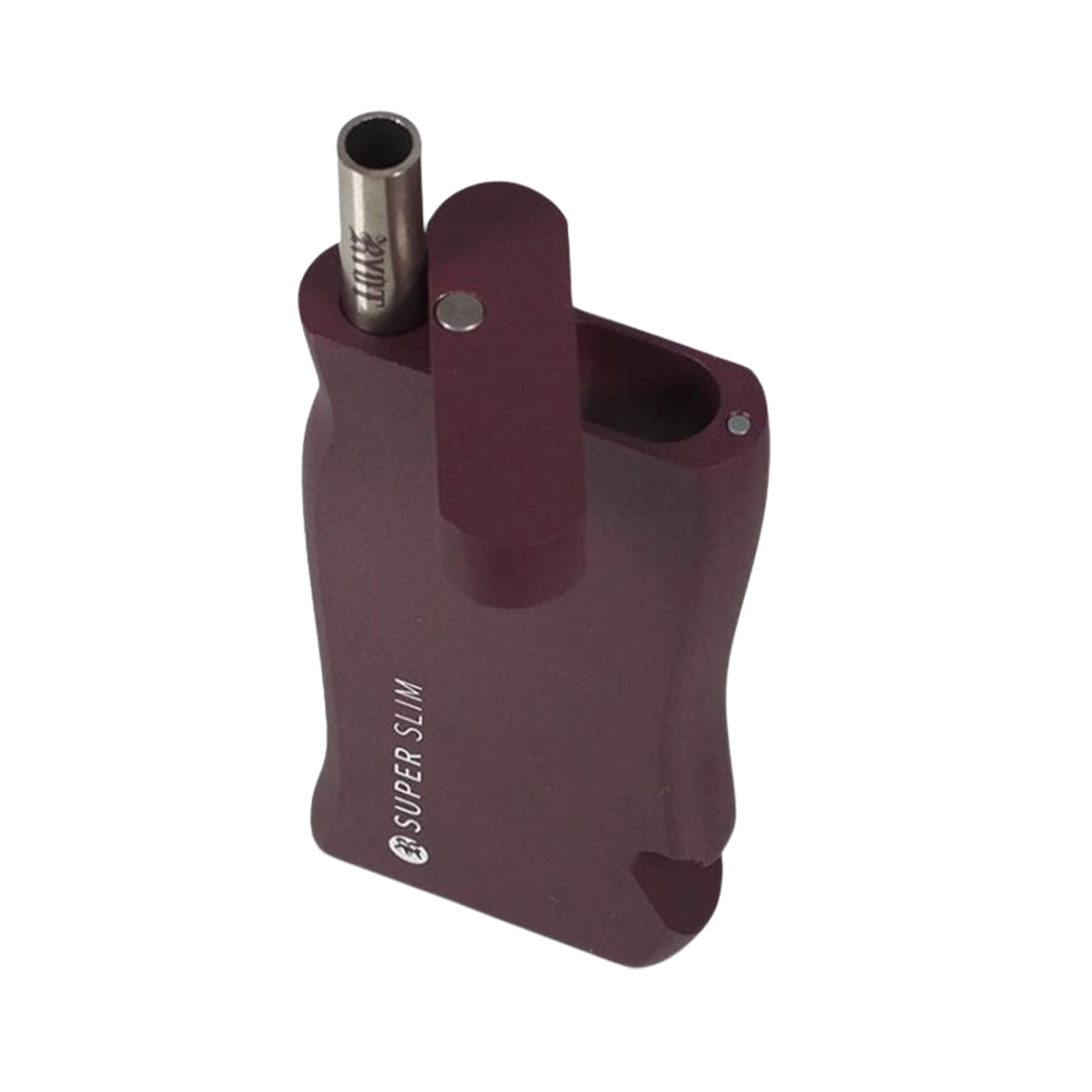 Angled top view of the burgundy RYOT Super Slim Magnetic Dugout With One Hitter showing the metal one-hitter tube seated in its compartment and the hinged magnetic lid.