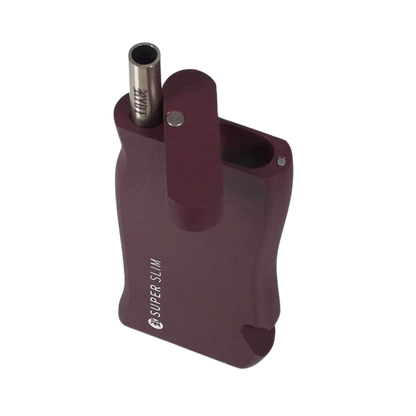 Angled top view of the burgundy RYOT Super Slim Magnetic Dugout With One Hitter showing the metal one-hitter tube seated in its compartment and the hinged magnetic lid.