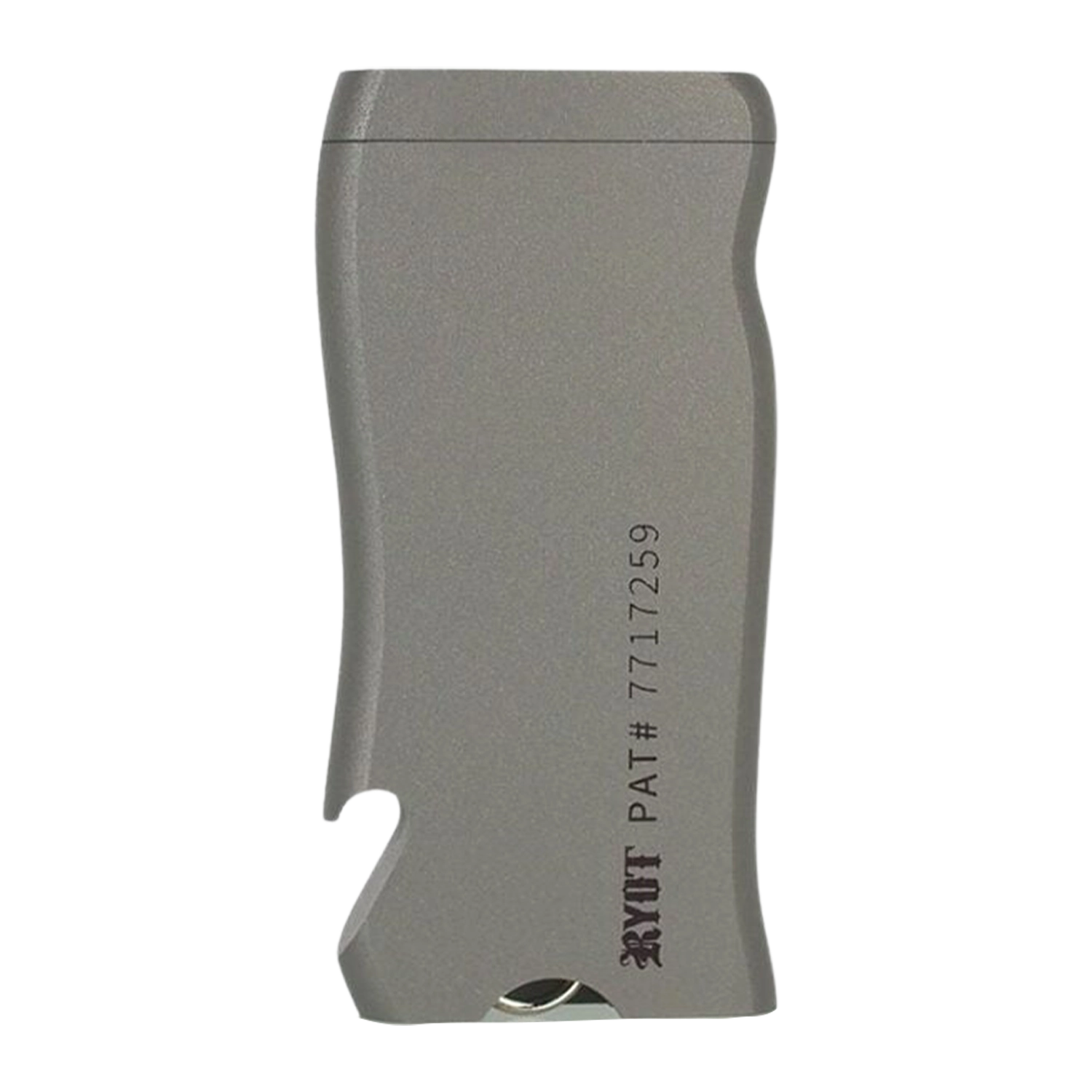 Close-up vertical view of the gray RYOT Super Slim Magnetic Dugout With One Hitter showing its curved edge, bottle-opener notch, and partial logo.