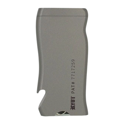 Close-up vertical view of the gray RYOT Super Slim Magnetic Dugout With One Hitter showing its curved edge, bottle-opener notch, and partial logo.