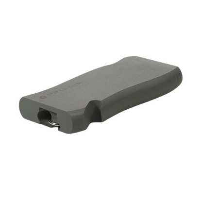 Angled close-up of a gray RYOT Super Slim Magnetic Dugout With One Hitter showing its slim rectangular body, rounded edges, and recessed metal one-hitter.