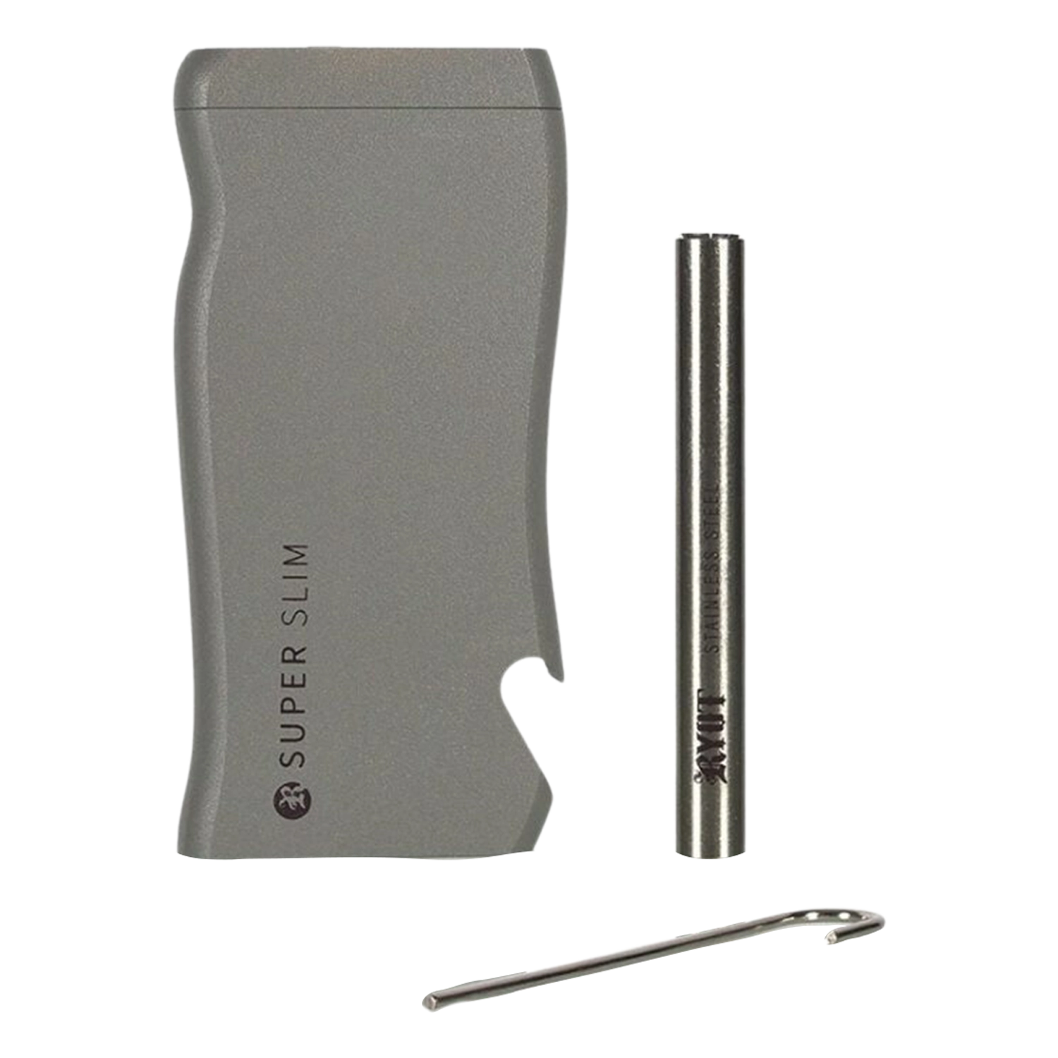 Close-up front view of the grey RYOT Super Slim Magnetic Dugout With One Hitter and its stainless steel one-hitter laid upright beside the case.